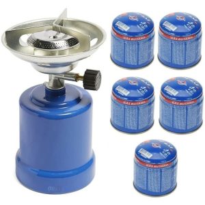 Hornillo Cocina Camping Gas Acampado Playa Campo + 5 Cartuchos de Gas 190 g